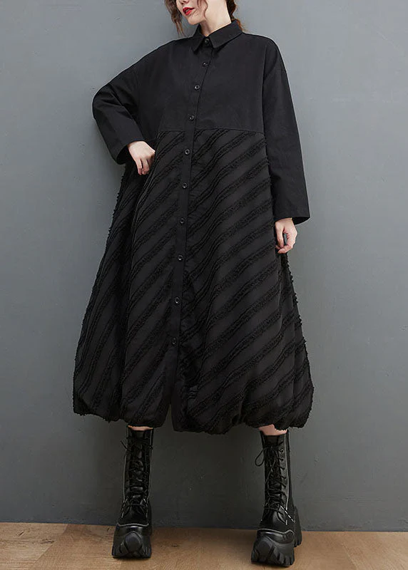Fashion Black Peter Pan Collar Striped Patchwork Button Long Shirts Dresses Long Sleeve - republicanstateiFashion Black Peter Pan Collar Striped Patchwork Button Long Shirts Dresses Long Sleeve - republicanstatei