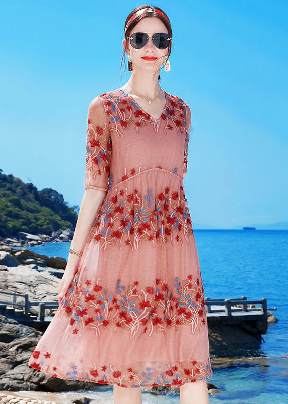 Classy Pink V Neck Embroideried Silk Holiday Cinch Dress Short Sleeve - republicanstateiClassy Pink V Neck Embroideried Silk Holiday Cinch Dress Short Sleeve - republicanstatei