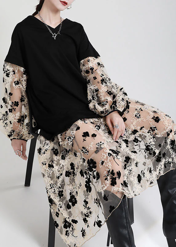 Art Black V Neck Patchwork Pockets Print Fall Vacation Dresses Long sleeve - republicanstateiArt Black V Neck Patchwork Pockets Print Fall Vacation Dresses Long sleeve - republicanstatei