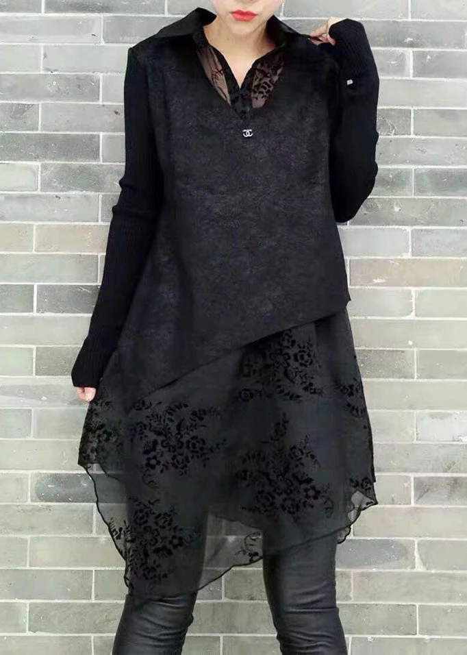 Natural Black Peter Pan Collar Asymmetrical Print Knit Patchwork Chiffon Mid Dress Long Sleeve - republicanstateiNatural Black Peter Pan Collar Asymmetrical Print Knit Patchwork Chiffon Mid Dress Long Sleeve - republicanstatei