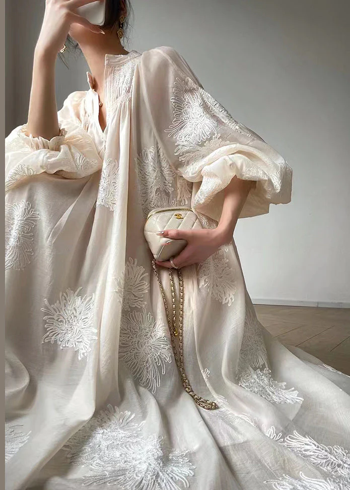 Boutique Apricot Embroideried Patchwork Chiffon Dresses Lantern Sleeve - republicanstateiBoutique Apricot Embroideried Patchwork Chiffon Dresses Lantern Sleeve - republicanstatei