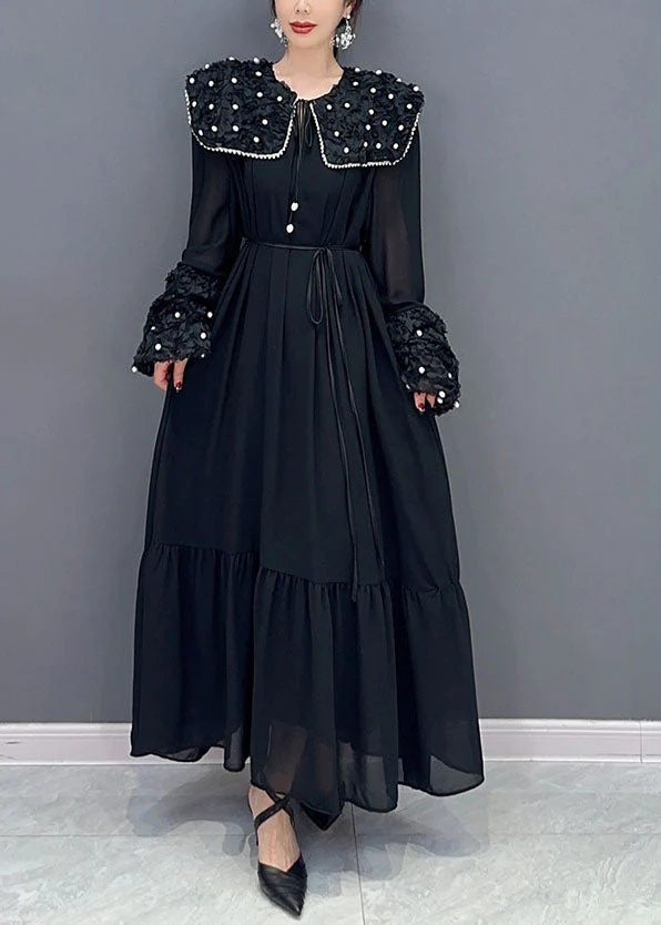 Boho Black Peter Pan Collar Nail Bead Patchwork Long Cotton Dress Spring - republicanstateiBoho Black Peter Pan Collar Nail Bead Patchwork Long Cotton Dress Spring - republicanstatei