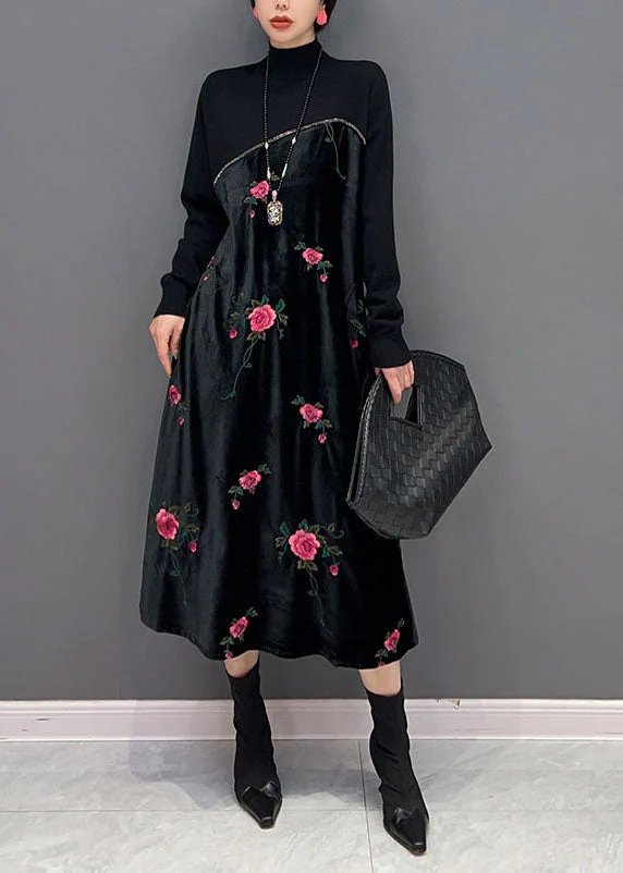 Women Black High Neck Embroideried Knit Patchwork Silk Velour Dress Spring - republicanstateiWomen Black High Neck Embroideried Knit Patchwork Silk Velour Dress Spring - republicanstatei