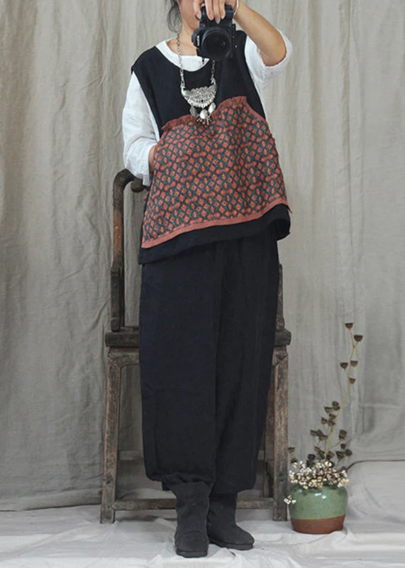 Casual Black O-Neck Print Linen Waistcoat And Pants Two Pieces Set Fall - republicanstateiCasual Black O-Neck Print Linen Waistcoat And Pants Two Pieces Set Fall - republicanstatei