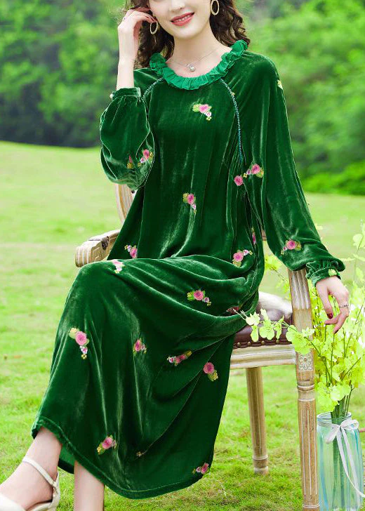 Chic Green Ruffled Embroideried Floral Silk Velour Maxi Dresses Spring - republicanstateiChic Green Ruffled Embroideried Floral Silk Velour Maxi Dresses Spring - republicanstatei