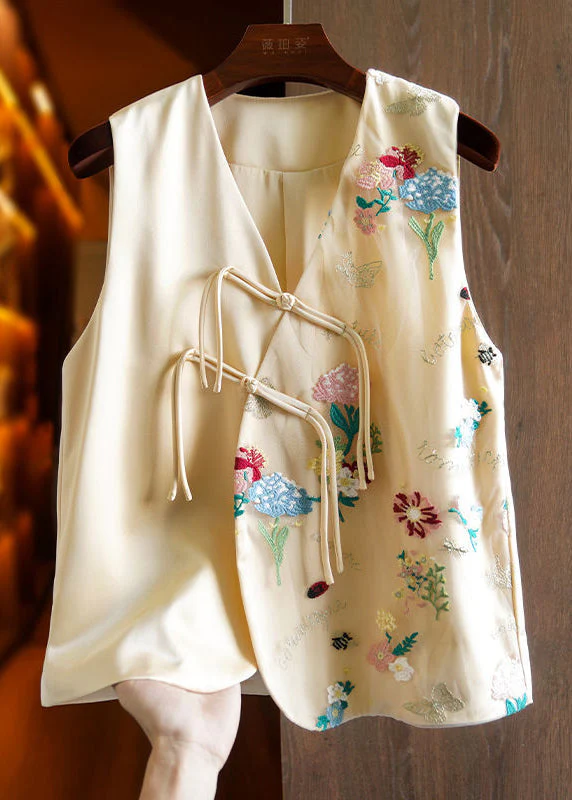Women Apricot V Neck Embroideried Floral Button Patchwork Tulle Waistcoat Sleeveless - republicanstateiWomen Apricot V Neck Embroideried Floral Button Patchwork Tulle Waistcoat Sleeveless - republicanstatei