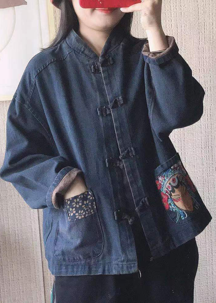 Women Black Stand Collar Embroideried Button Pockets Cotton Denim Coats Long Sleeve - republicanstateiWomen Black Stand Collar Embroideried Button Pockets Cotton Denim Coats Long Sleeve - republicanstatei