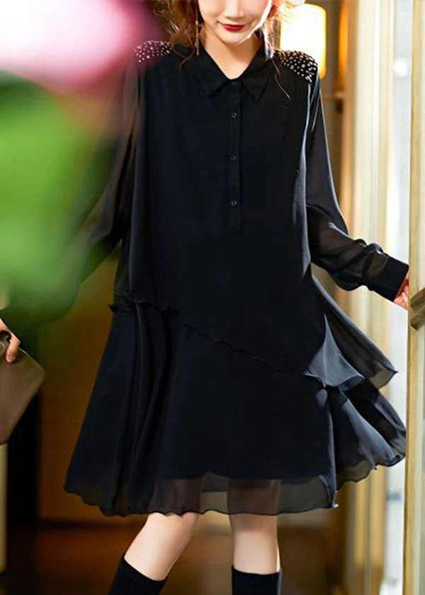 Style Black Peter Pan Collar Rivet Patchwork Chiffon Shirts Dresses Spring - republicanstateiStyle Black Peter Pan Collar Rivet Patchwork Chiffon Shirts Dresses Spring - republicanstatei