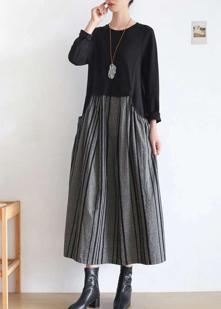 Vintage Black Striped Pockets Patchwork Linen Holiday Dress Long Sleeve - republicanstateiVintage Black Striped Pockets Patchwork Linen Holiday Dress Long Sleeve - republicanstatei