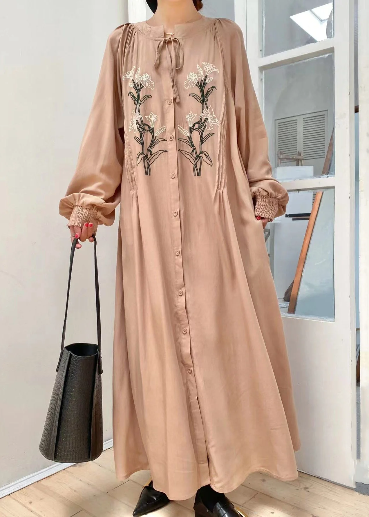 Unique Khaki Embroideried Lace Up Button Cotton Shirts Long Dress Lantern Sleeve - republicanstateiUnique Khaki Embroideried Lace Up Button Cotton Shirts Long Dress Lantern Sleeve - republicanstatei