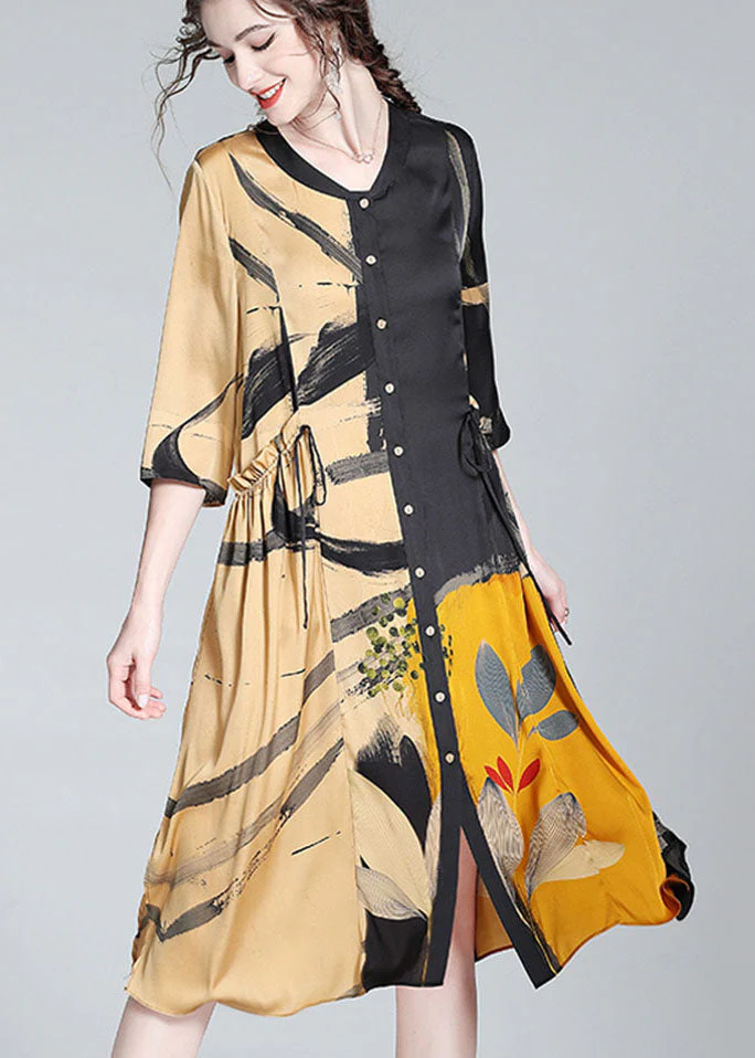 Stylish Colorblock Stand Collar Print Wrinkled Silk Dresses Bracelet Sleeve - republicanstateiStylish Colorblock Stand Collar Print Wrinkled Silk Dresses Bracelet Sleeve - republicanstatei