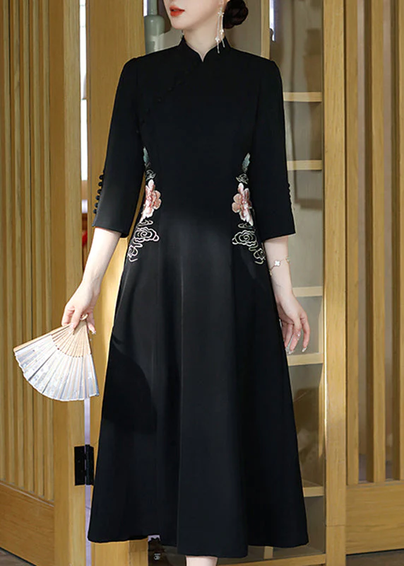 Vintage Black Stand Collar Embroideried Button Party Tulle Maxi Dress Long Sleeve - republicanstateiVintage Black Stand Collar Embroideried Button Party Tulle Maxi Dress Long Sleeve - republicanstatei