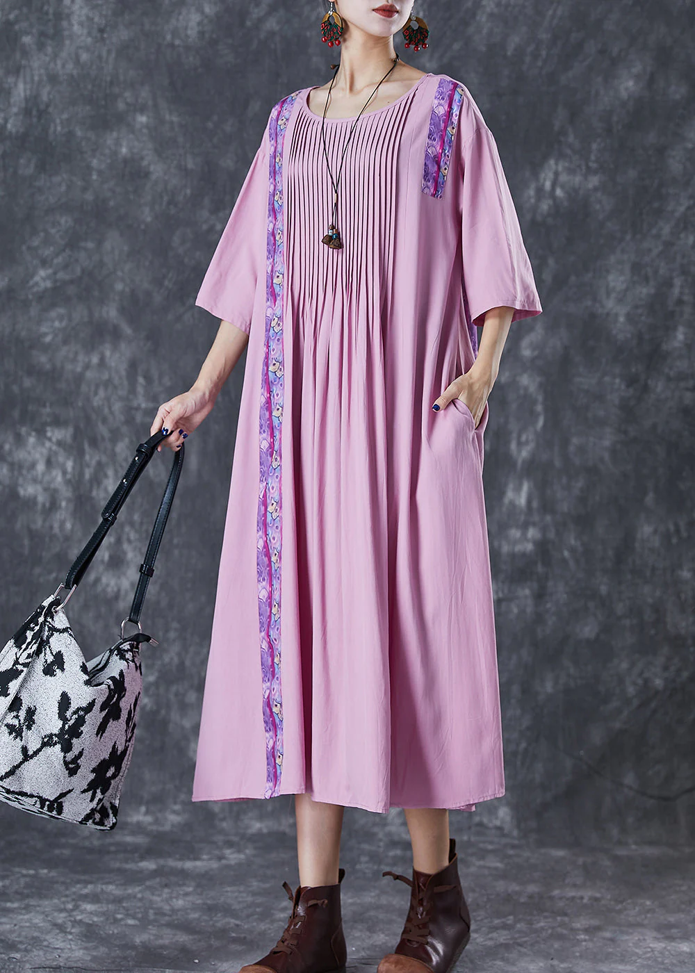 Elegant Light Purple Oversized Patchwork Wrinkled Linen Dress Half Sleeve - republicanstateiElegant Light Purple Oversized Patchwork Wrinkled Linen Dress Half Sleeve - republicanstatei