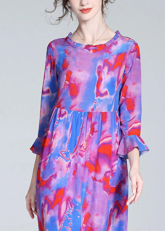 Modern Purple O-Neck Ruffled Print Cinched Silk Mid Dress Flare Sleeve - republicanstateiModern Purple O-Neck Ruffled Print Cinched Silk Mid Dress Flare Sleeve - republicanstatei