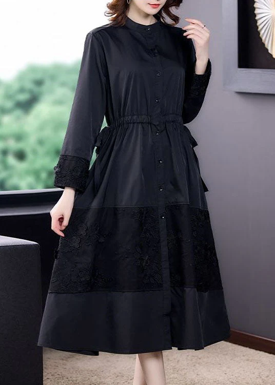 Italian Black Stand Collar Embroideried Patchwork Cotton Trench Long Sleeve - republicanstateiItalian Black Stand Collar Embroideried Patchwork Cotton Trench Long Sleeve - republicanstatei
