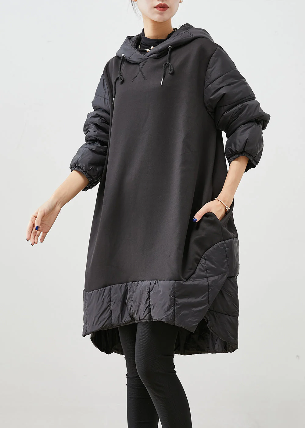 Women Black Hooded Patchwork Thick Cotton Pullover Sweatshirt Dress Fall - republicanstateiWomen Black Hooded Patchwork Thick Cotton Pullover Sweatshirt Dress Fall - republicanstatei