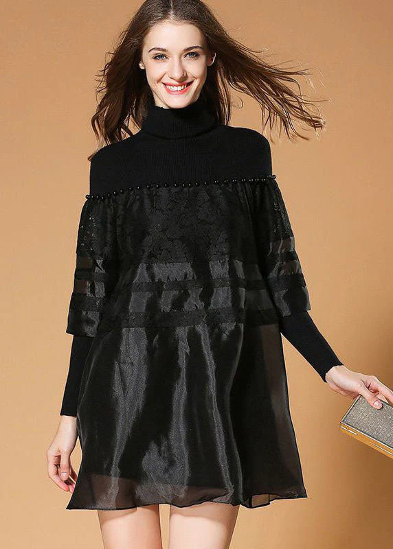 Elegant Black Turtle Neck Nail Bead Patchwork Organza Knit Dresses Spring - republicanstateiElegant Black Turtle Neck Nail Bead Patchwork Organza Knit Dresses Spring - republicanstatei