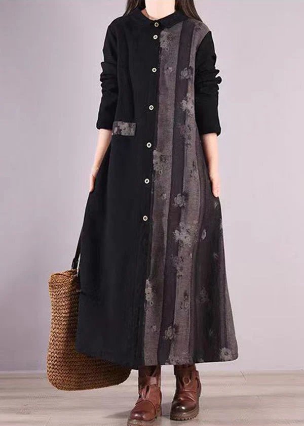 Black Print Patchwork Warm Fleece Shirts Dresses Peter Pan Collar Fall - republicanstateiBlack Print Patchwork Warm Fleece Shirts Dresses Peter Pan Collar Fall - republicanstatei