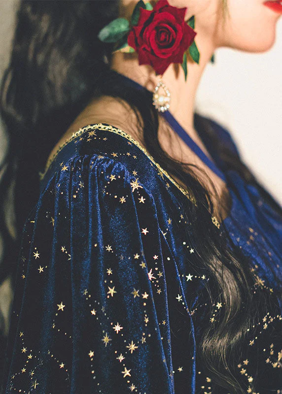 Bohemian Navy Square Collar Sequins Exra Large Hem Silk Velour Maxi Dresses Spring - republicanstateiBohemian Navy Square Collar Sequins Exra Large Hem Silk Velour Maxi Dresses Spring - republicanstatei