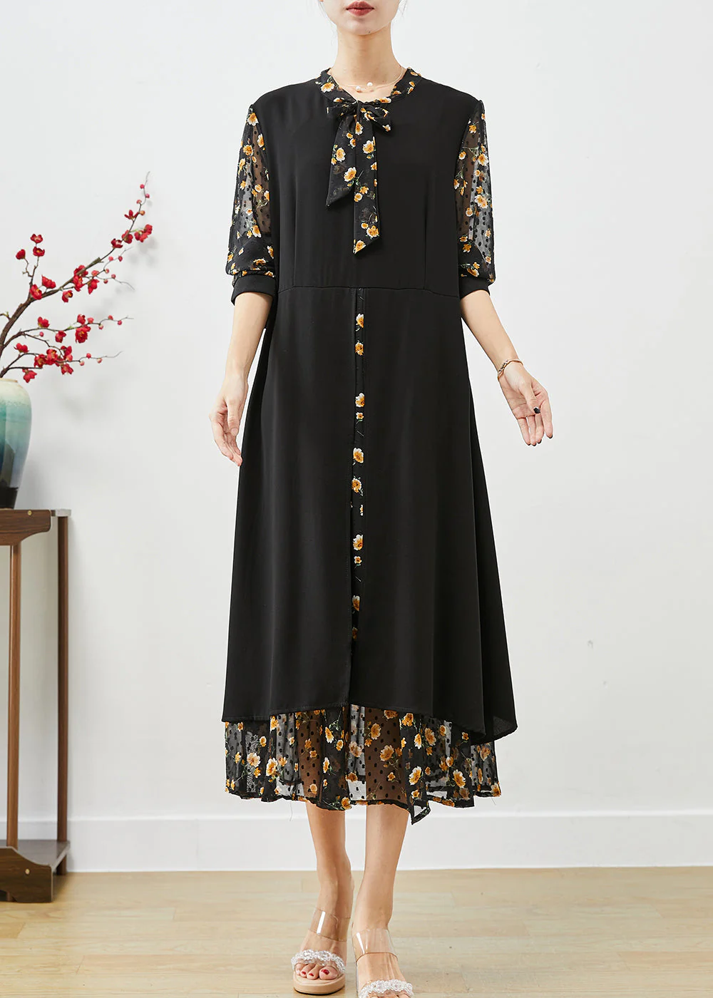 Classy Black Tie Neck Patchwork Print Silk Vacation Dresses Bracelet Sleeve - republicanstateiClassy Black Tie Neck Patchwork Print Silk Vacation Dresses Bracelet Sleeve - republicanstatei