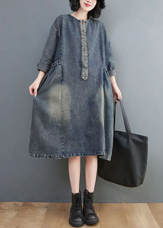 Retro Blue O-Neck Patchwork Button Pockets Cotton Denim Dresses Long Sleeve - republicanstateiRetro Blue O-Neck Patchwork Button Pockets Cotton Denim Dresses Long Sleeve - republicanstatei