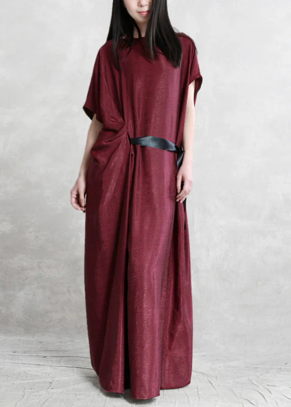 Sexy Mulberry O-Neck Asymmetrical Tie Waist Silk Long Dresses Short Sleeve - republicanstateiSexy Mulberry O-Neck Asymmetrical Tie Waist Silk Long Dresses Short Sleeve - republicanstatei