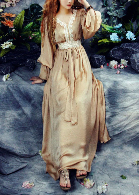 Fashion Khaki V Neck Lace Patchwork Exra Large Hem Silk Cinch Long Dress Spring - republicanstateiFashion Khaki V Neck Lace Patchwork Exra Large Hem Silk Cinch Long Dress Spring - republicanstatei