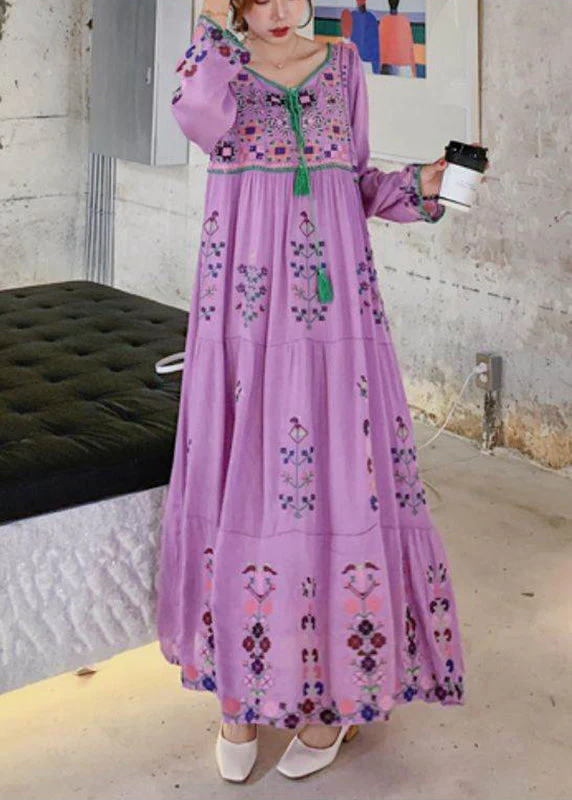Purple O-Neck Neck Tie Tassel Patchwork Cotton Holiday Dress Long Sleeve - republicanstateiPurple O-Neck Neck Tie Tassel Patchwork Cotton Holiday Dress Long Sleeve - republicanstatei