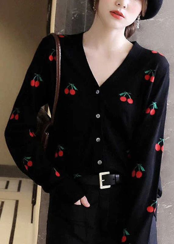 Cute Black V Neck Embroideried Button Woolen Knit Cardigan Long Sleeve - republicanstateiCute Black V Neck Embroideried Button Woolen Knit Cardigan Long Sleeve - republicanstatei
