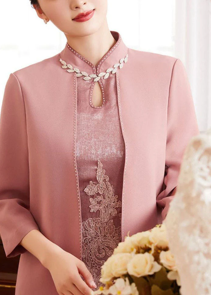 French Pink Stand Collar Embroideried Patchwork Zircon Silk Cheongsam Dresses Long Sleeve - republicanstateiFrench Pink Stand Collar Embroideried Patchwork Zircon Silk Cheongsam Dresses Long Sleeve - republicanstatei