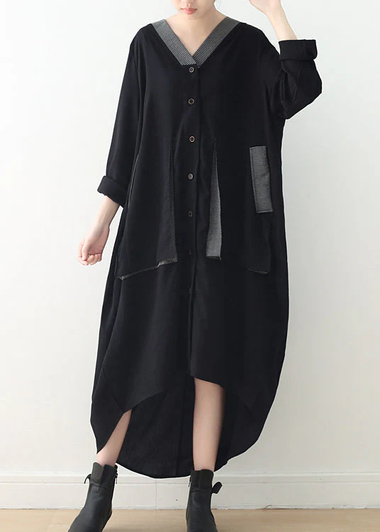 Women Black V Neck Asymmetrical Low High Design Button Maxi Dress Fall - republicanstateiWomen Black V Neck Asymmetrical Low High Design Button Maxi Dress Fall - republicanstatei