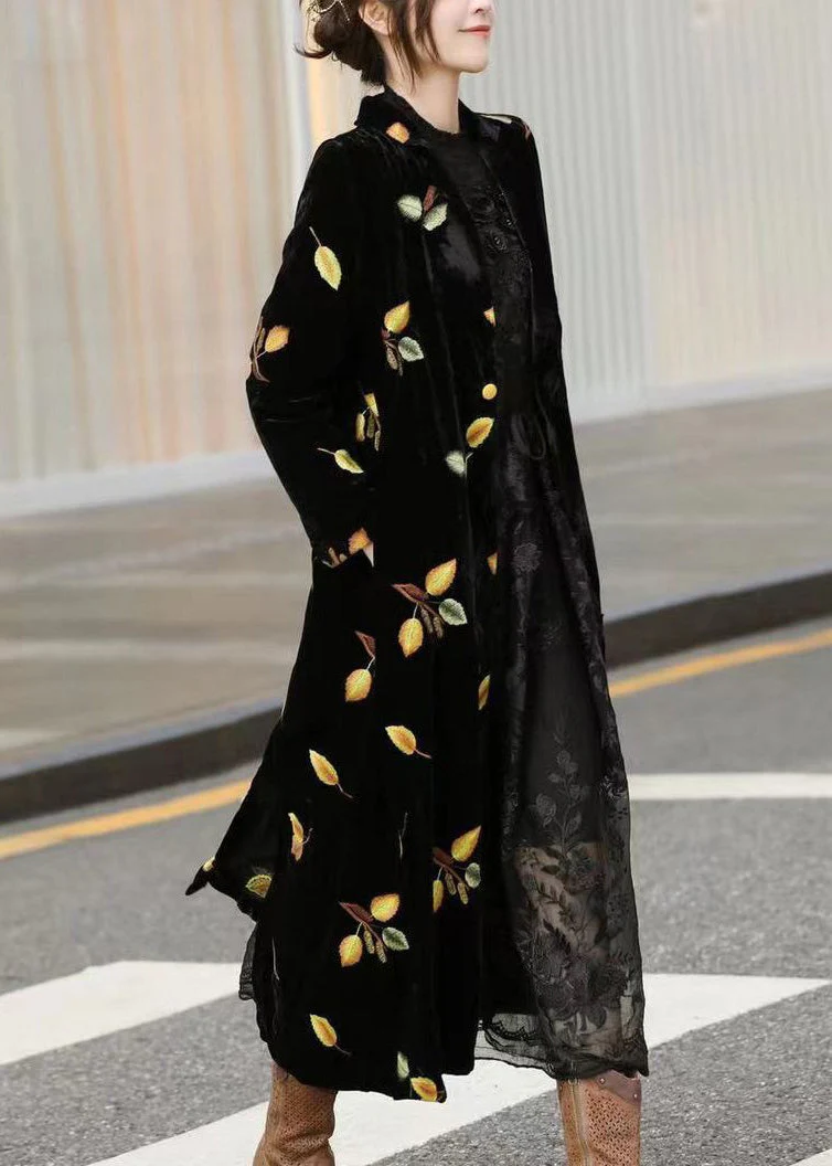 Italian Black Notched Embroideried Patchwork Silk Long Coat Long Sleeve - republicanstateiItalian Black Notched Embroideried Patchwork Silk Long Coat Long Sleeve - republicanstatei