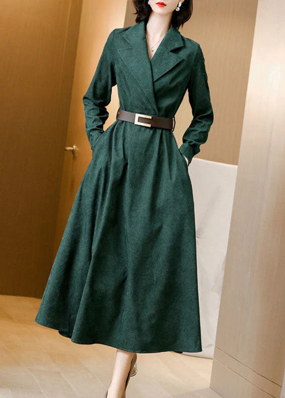 Beautiful Green Notched Collar Sashes Slim Fit Corduroy Maxi Dresses Spring - republicanstateiBeautiful Green Notched Collar Sashes Slim Fit Corduroy Maxi Dresses Spring - republicanstatei