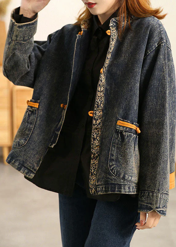 Plus Size Blue Stand Collar Oriental Button Pockets Patchwork Cotton Denim Coat Outwear Long Sleeve - republicanstateiPlus Size Blue Stand Collar Oriental Button Pockets Patchwork Cotton Denim Coat Outwear Long Sleeve - republicanstatei
