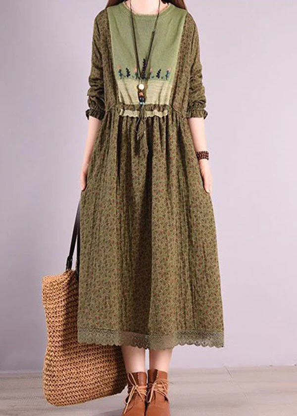 Bohemian Green O Neck Wrinkled Print Patchwork Linen Long Dress Spring - republicanstateiBohemian Green O Neck Wrinkled Print Patchwork Linen Long Dress Spring - republicanstatei