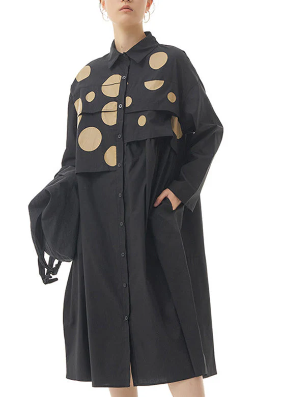 Fashion Black Peter Pan Collar Dot Patchwork Button Cotton Long Dress Spring - republicanstateiFashion Black Peter Pan Collar Dot Patchwork Button Cotton Long Dress Spring - republicanstatei