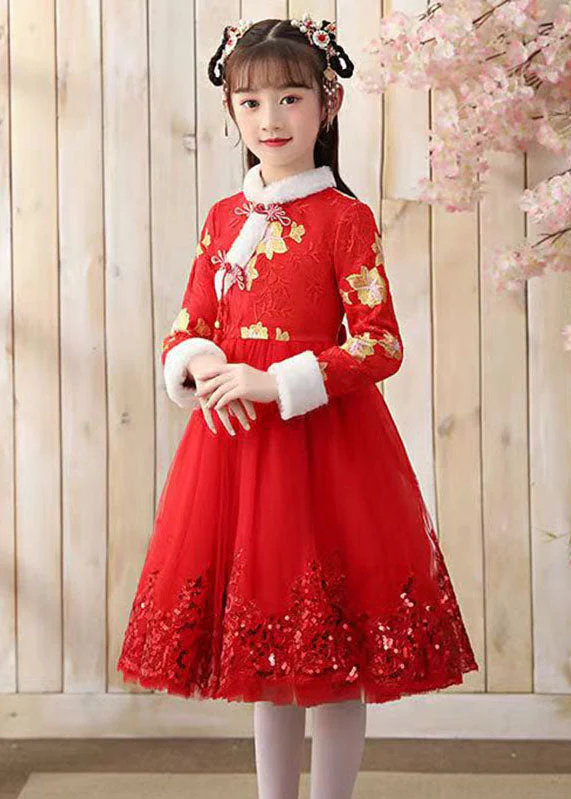 Elegant Red Fur Collar Sequins Patchwork Button Tulle Girls Long Dress Winter - republicanstateiElegant Red Fur Collar Sequins Patchwork Button Tulle Girls Long Dress Winter - republicanstatei