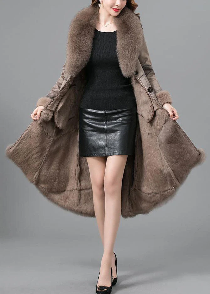 Women Khaki Fur collar Sashes Pockets Patchwork Leather And Fur Parkas In Winter - republicanstateiWomen Khaki Fur collar Sashes Pockets Patchwork Leather And Fur Parkas In Winter - republicanstatei