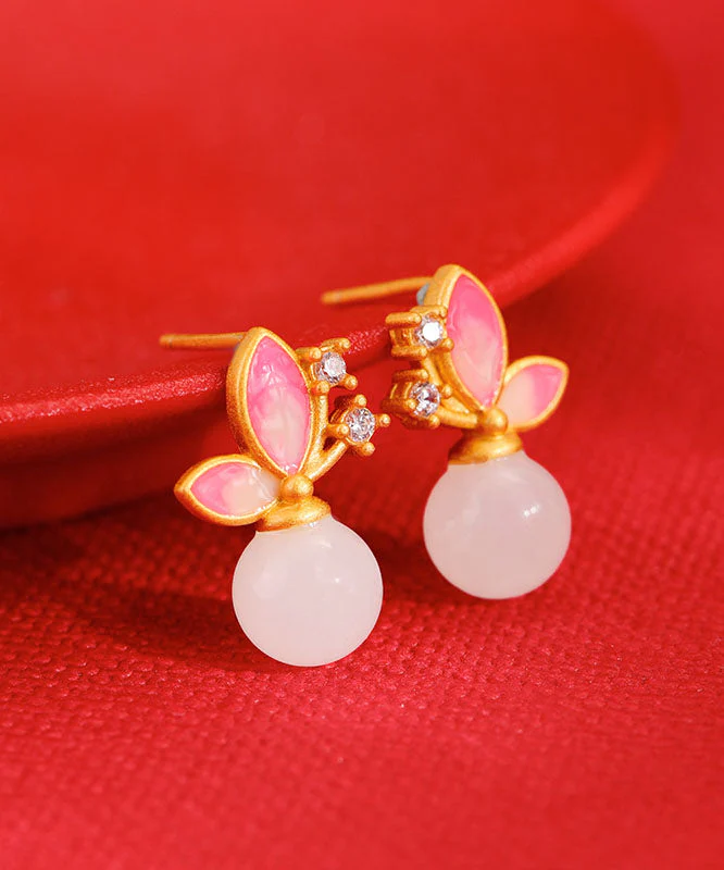 Modern Pink Sterling Silver Overgild Jade Zircon Cloisonne Stud Earrings - republicanstateiModern Pink Sterling Silver Overgild Jade Zircon Cloisonne Stud Earrings - republicanstatei