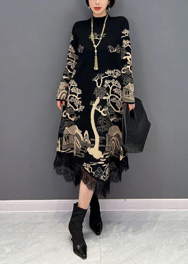 Fine Black Stand Collar Asymmetrical Lace Patchwork Print Cotton Dress Spring - republicanstateiFine Black Stand Collar Asymmetrical Lace Patchwork Print Cotton Dress Spring - republicanstatei