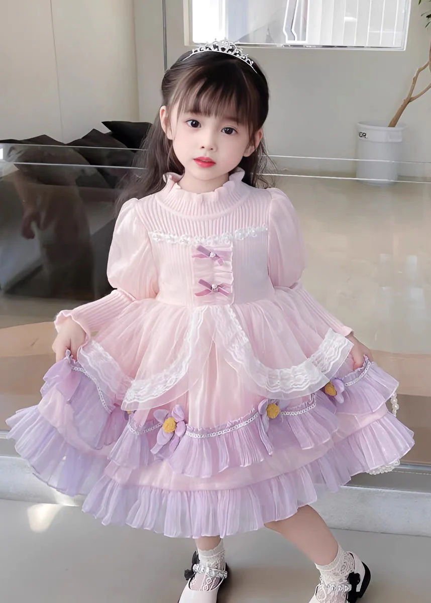 Elegant Pink Turtleneck Tulle Patchwork Knit Girls Holiday Maxi Dress Long Sleeve - republicanstateiElegant Pink Turtleneck Tulle Patchwork Knit Girls Holiday Maxi Dress Long Sleeve - republicanstatei