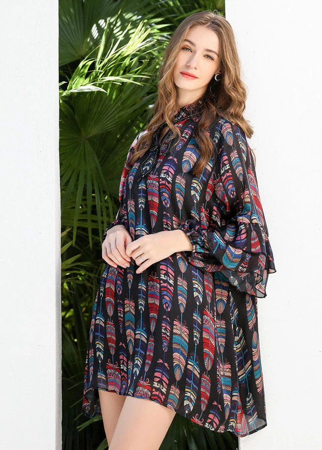 Women Black Stand Collar Lace Up Print Chiffon Dress Butterfly Sleeve - republicanstateiWomen Black Stand Collar Lace Up Print Chiffon Dress Butterfly Sleeve - republicanstatei
