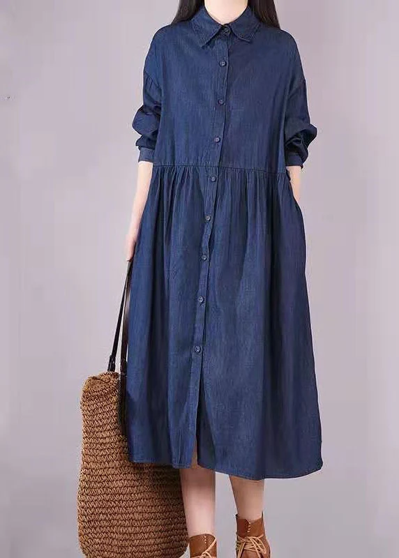 French Navy Peter Pan Collar Button Pockets Fall Long sleeve Denim Dress - republicanstateiFrench Navy Peter Pan Collar Button Pockets Fall Long sleeve Denim Dress - republicanstatei