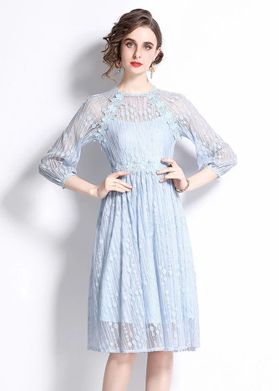 Stylish Light Blue Embroideried Patchwork Lace Cinch Dress Bracelet Sleeve - republicanstateiStylish Light Blue Embroideried Patchwork Lace Cinch Dress Bracelet Sleeve - republicanstatei