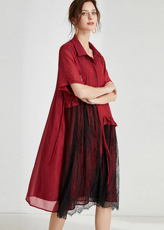 Fashion Red Peter Pan Collar Lace Patchwork Tasseled Chiffon Day Dress Spring - republicanstateiFashion Red Peter Pan Collar Lace Patchwork Tasseled Chiffon Day Dress Spring - republicanstatei