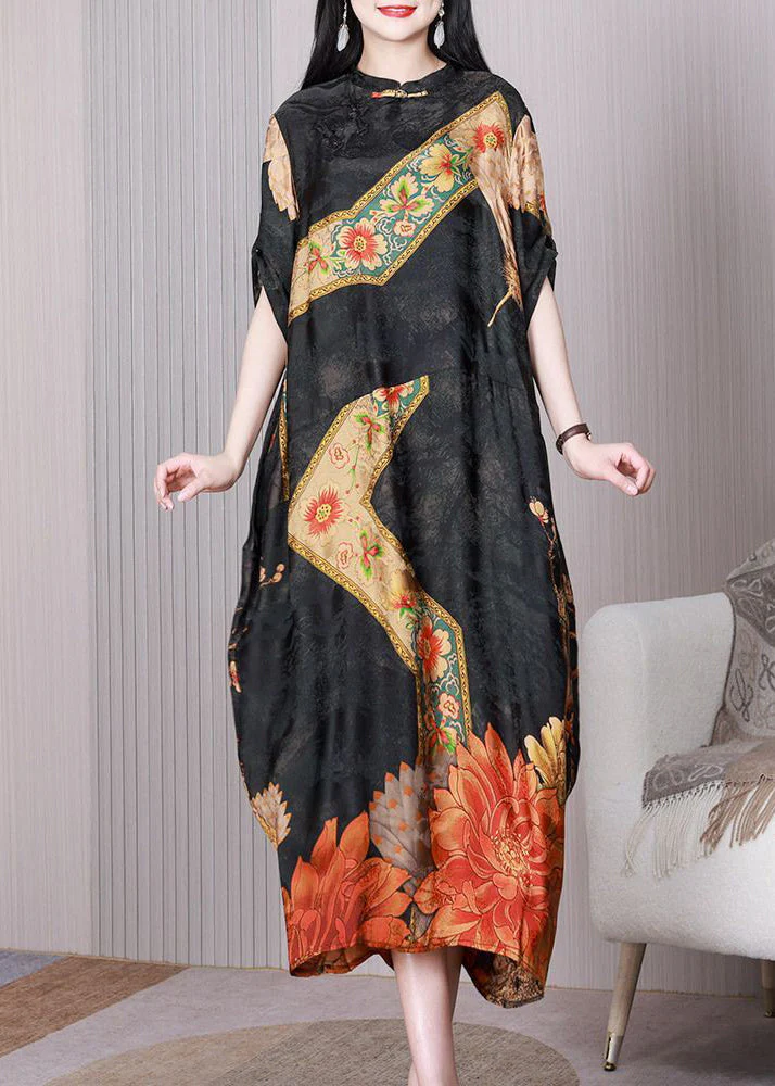 Vintage Black Print Patchwork Chinese Button Silk Long Dress Half Sleeve - republicanstateiVintage Black Print Patchwork Chinese Button Silk Long Dress Half Sleeve - republicanstatei
