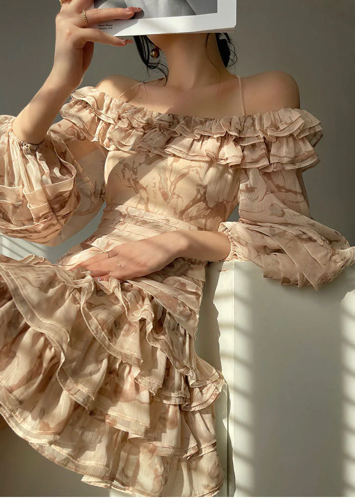 Boutique Beige Slash neck Ruffles Chiffon Maxi Spaghetti Strap Dresses Puff Sleeve - republicanstateiBoutique Beige Slash neck Ruffles Chiffon Maxi Spaghetti Strap Dresses Puff Sleeve - republicanstatei