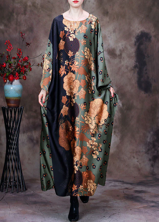 Style Green O-Neck Oversized Print Silk Vacation Dresses Batwing Sleeve - republicanstateiStyle Green O-Neck Oversized Print Silk Vacation Dresses Batwing Sleeve - republicanstatei