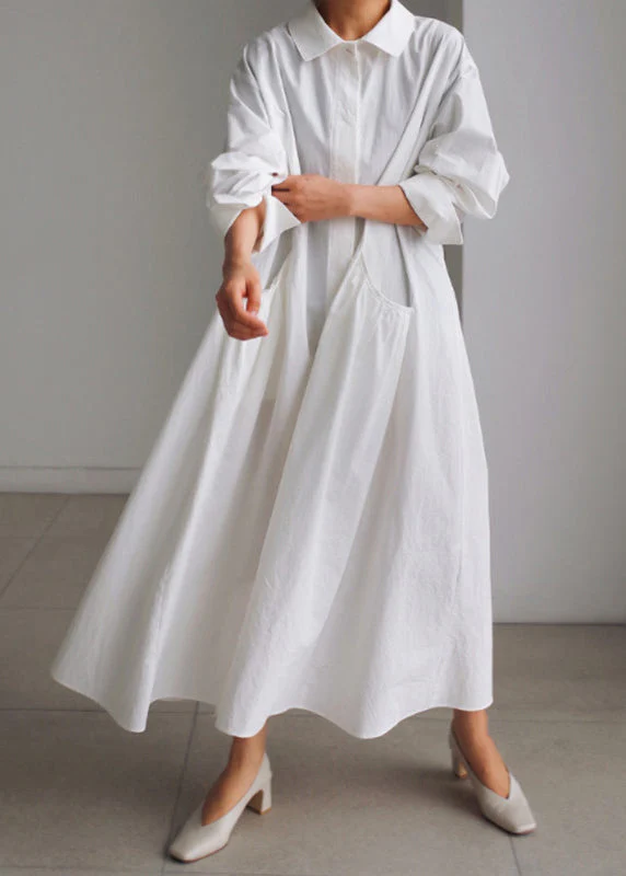 Classy White Peter Pan Collar Cotton Button Pockets Maxi Dress Long Sleeve - republicanstateiClassy White Peter Pan Collar Cotton Button Pockets Maxi Dress Long Sleeve - republicanstatei
