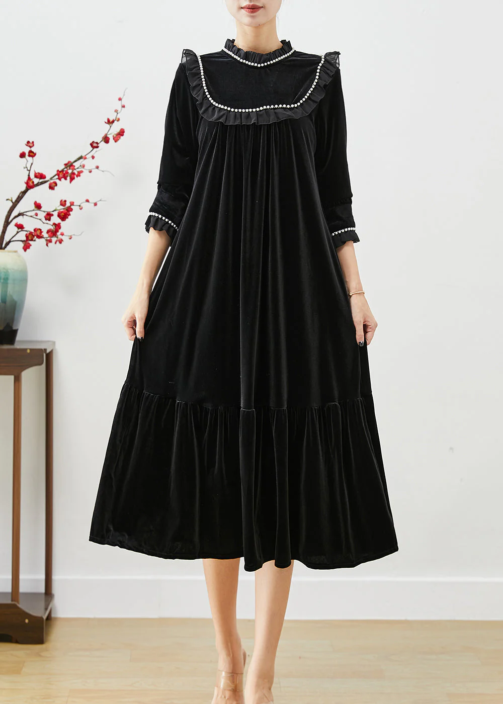 Natural Black Stand Collar Ruffled Patchwork Pearl Silk Velour Dress Fall - republicanstateiNatural Black Stand Collar Ruffled Patchwork Pearl Silk Velour Dress Fall - republicanstatei